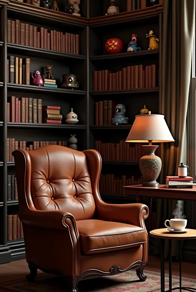 Create a background decorated with shelves that hold, books, Lamps , geek dolls and a brown armchair with a small coffee table with a book and a cup on top 