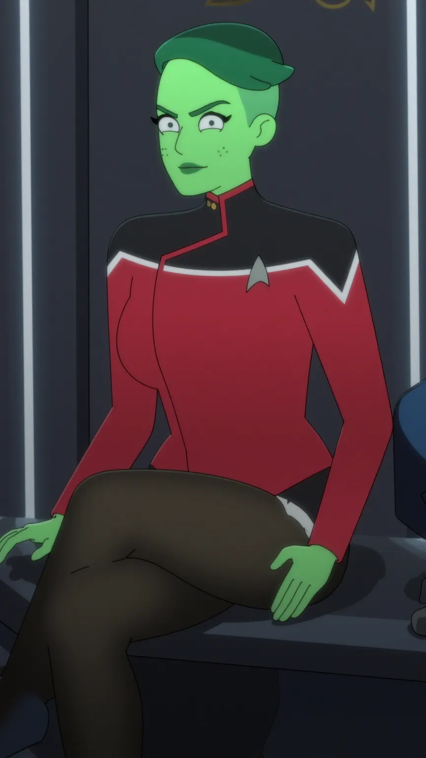 D’vana Tendi, Photo, seated pose deliberately showing off her toned legs, revealing version of blue startrek lower decks uniform, stockings, choker, short asymmetric hairstyle, green skin tone, not a cartoon