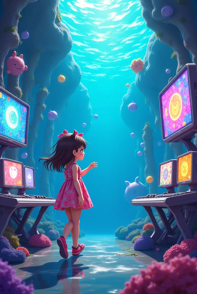 Animated girl underwater in a Yeno video game room 