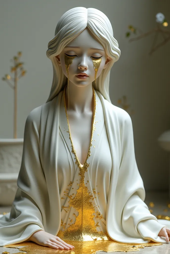 kintsugi, beautiful, female statue, crying gold tears