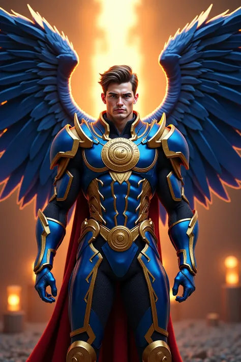 A gorgeous man with his 4 huge wings,2 wings up , And 2 wings down big wings and long feathers,  Large wings full of feathers with the colors of your fierce armor in completely blue and gold armor  ,short hair wearing a large golden circle symbol on her ch...