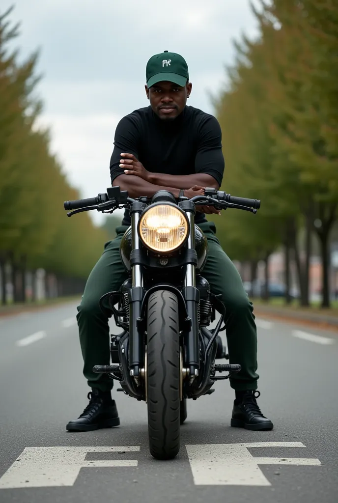 Ultra realistic motorcycle (400 cylinders) Black in front, a black man leaning on a motorcycle with his arms crossed, With dark green cap written (FF) in black,  Black turtleneck blouse , dark green pants and black sneakers, On a paved street written (FF) ...