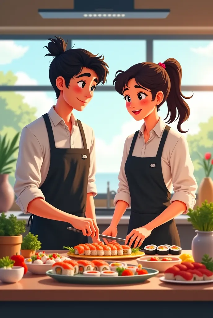 Create me a picture of two friends cooking sushi