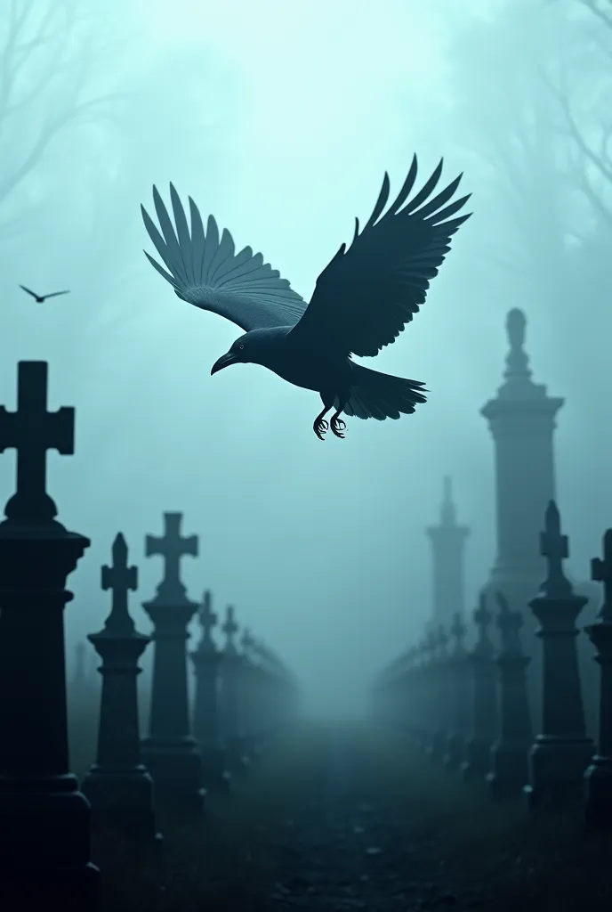 The flight of a crow over a foggy cemetery
