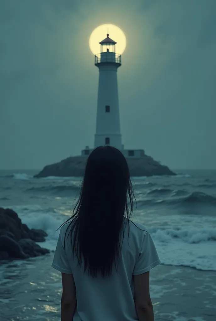 A 20-year-old white woman with straight and long black hair wearing a white t-shirt watching the foot of a lighthouse on the side of the sea on a full moon night 