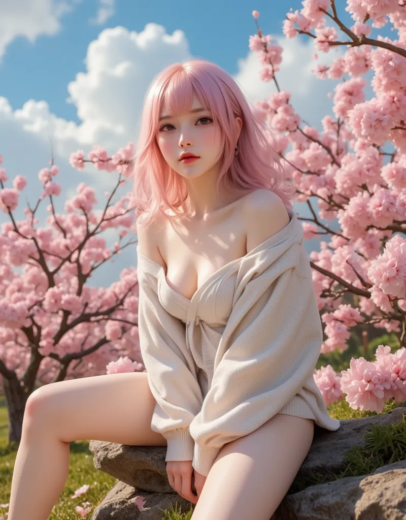 Beautiful woman sitting on a big rock、Cherry blossom background