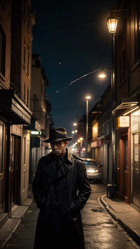 Animation, Artwork, 8K quality, Theme is "A Lone Figure Under a Streetlamp", A man leaning against a streetlamp under a moonlit streetlamp and smoking a cigarette, he is silhouetted, he is wearing a trench coat and a Borsalino hat. The tip of the cigarette...