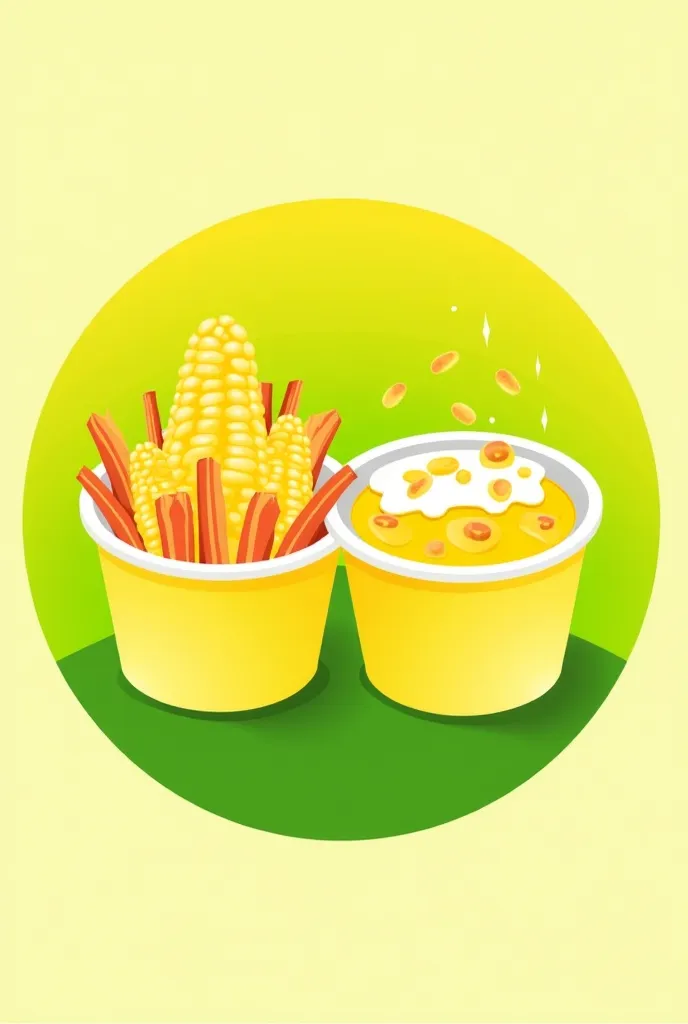 ah business logo with corny corner as name. the design i want is like there are two cups, one is a hot cup with corn and cheese on top. the other one is cold cup with corn and ice on top. combination on green and yellow back ground. name is corny corner