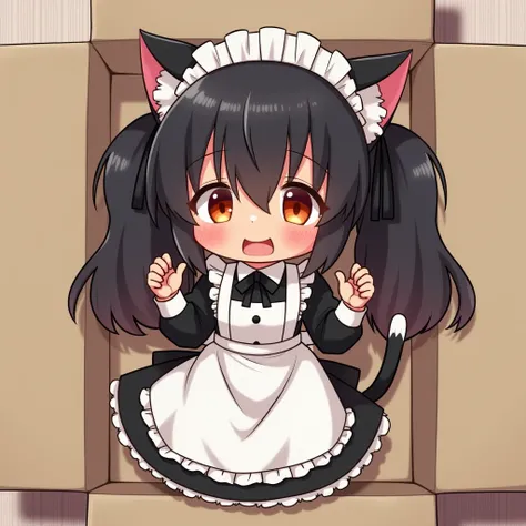 ((masterpiece)), (((bestquality))), ((ultra-detailed)),(3girls, cat girl, chibi)), ((petite)), from above, ( long hair), messy hair, (feral cat girl, wild cat girl, cat ears), (maid apron,maid headdress, ), , laying in cardboard box, Maid uniform, (best qu...