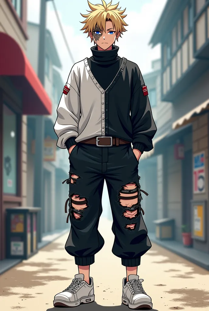 Create a light-skinned age male, Gradient hair in V, scarred left half of his face,  a black turtleneck blouse , a white shirt, black pants with white bands and a white sneaker, in the RPG anime style, all hurt, torn clothes