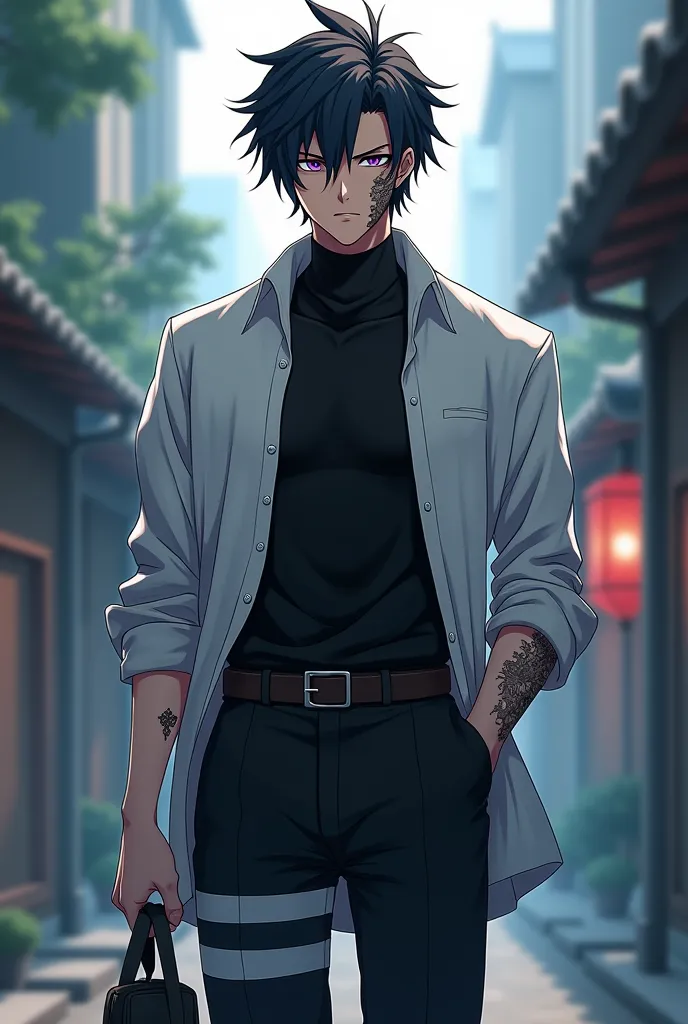 Create a light-skinned age male, Gradient hair in V, scarred left half of his face,  a black turtleneck blouse , a white shirt, black pants with white bands and a white sneaker, in the RPG anime style, all hurt