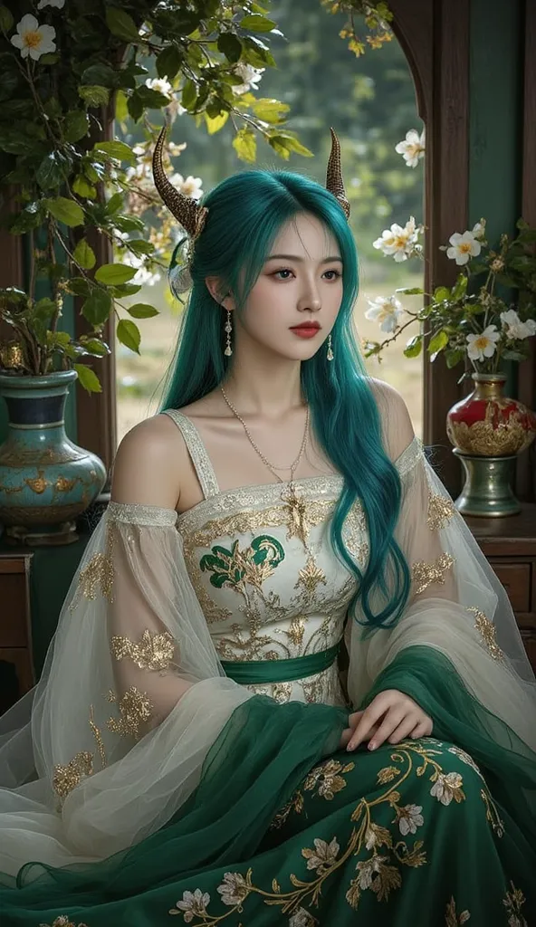 The photo depicts a woman . Elegant thin skirt dress,  shown in the dominant colors of white and green,  occult. She has blue hair and a pair of horns like blue dragon horns