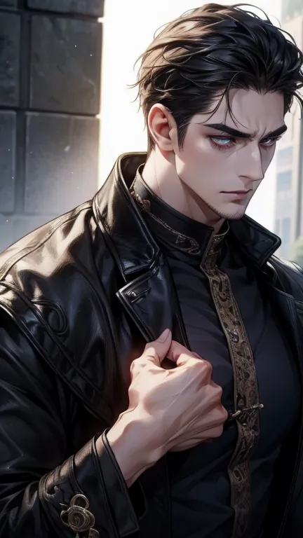 (best quality,4K,8k,highres,masterpiece:1.2),breasts,(Realistic,photoRealistic,photo-Realistic:1.37),36-year-old man,3 day beard,cute anime ,Portraits,strong,masculine,  dark hair,sharp jaw,  mesmerizing eyes  ,  perfectly styled hair,  cool anime outfit,c...