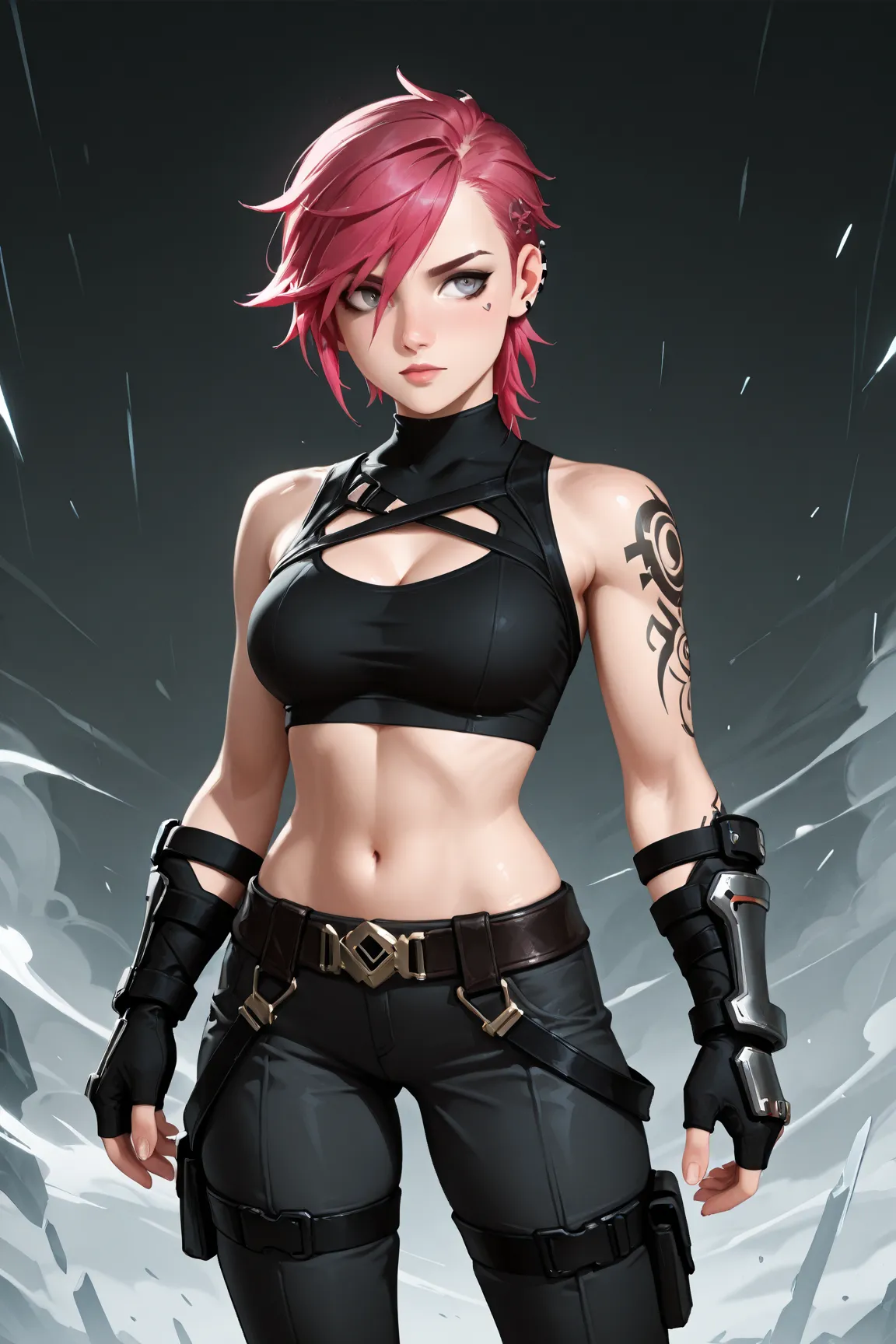 , vi arcane, 1 girl, solo, black croptop, standing, perfect grey eyes,
