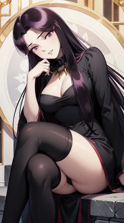 The art with openings of the Japanese anime : white skin and red lips, short and tight black dress color black, thigh-high stockings, beautiful legs , She has a strong and sexy body  , safe appearance , medium breasts,,, Pandora, purple eyes, black hair, l...