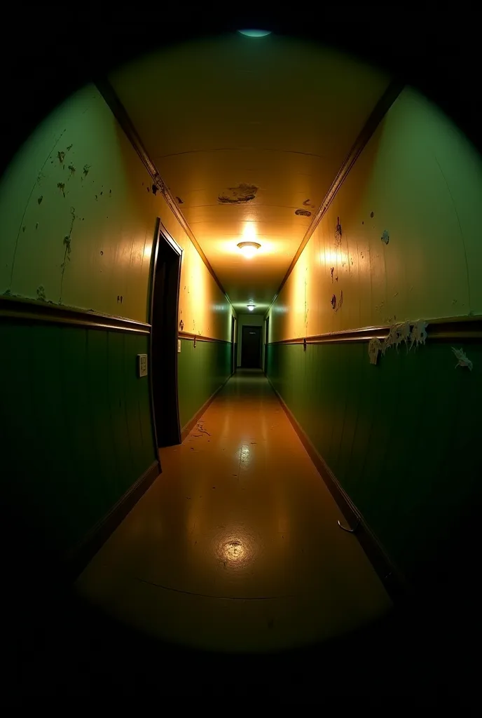 Wide fisheye POV** of a dim, decaying hallway (peephole distortion).  
- Flickering amber light casts long shadows on peeling green wallpaper. Cobwebs sway in a draft.  
- **Subtle camera shake** to mimic handheld breathing.  
