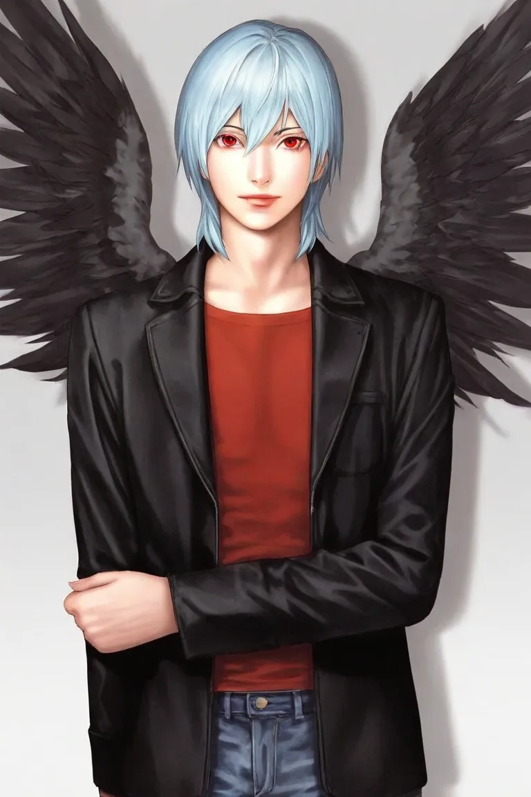 _Aa、Beautiful, good-looking boy with light blue belly short hair and red eyes、black jacket、 red shirt、、 black wings、lips, realistic、(the highest quality in company management :1.2)