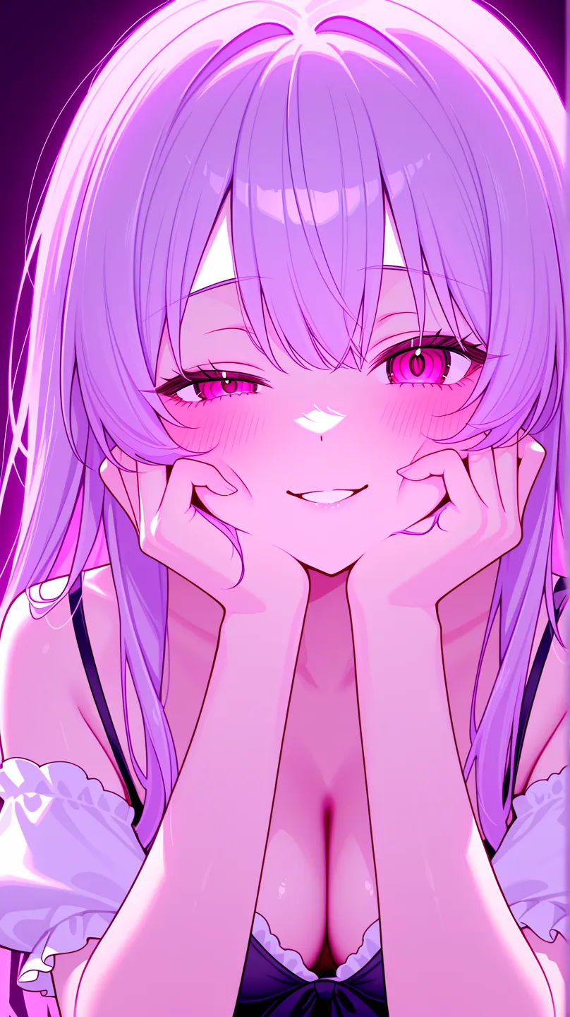  Female Human、Her hair is pale pink  、 sexual expression 、has rosy cheeks、 provocative、 Half eye、Yandere's style、hands on cheeks 、The background is light purple