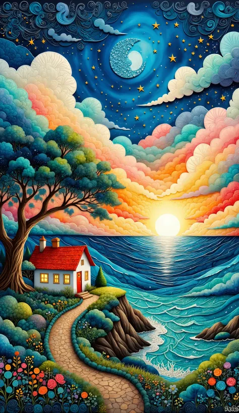 a vibrant and idyllic landscape scene at sunset. Depict a small, charming white house with a red roof nestled beside a gnarled tree on a lush green cliffside overlooking a turquoise ocean. The sky should be a dramatic display of swirling orange, pink, and...