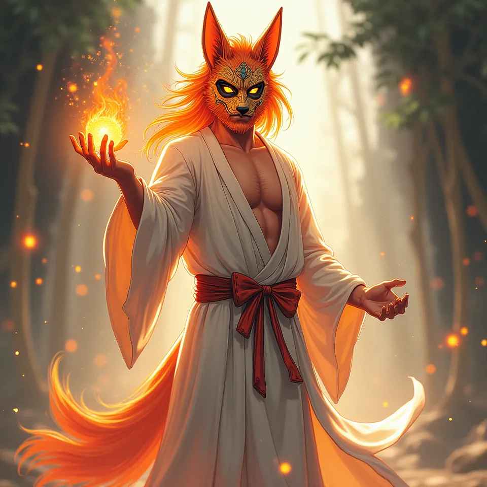 A grown man with orange hair, with kitsune mask with fire orange in hand, with white clothes and orange eyes in animation