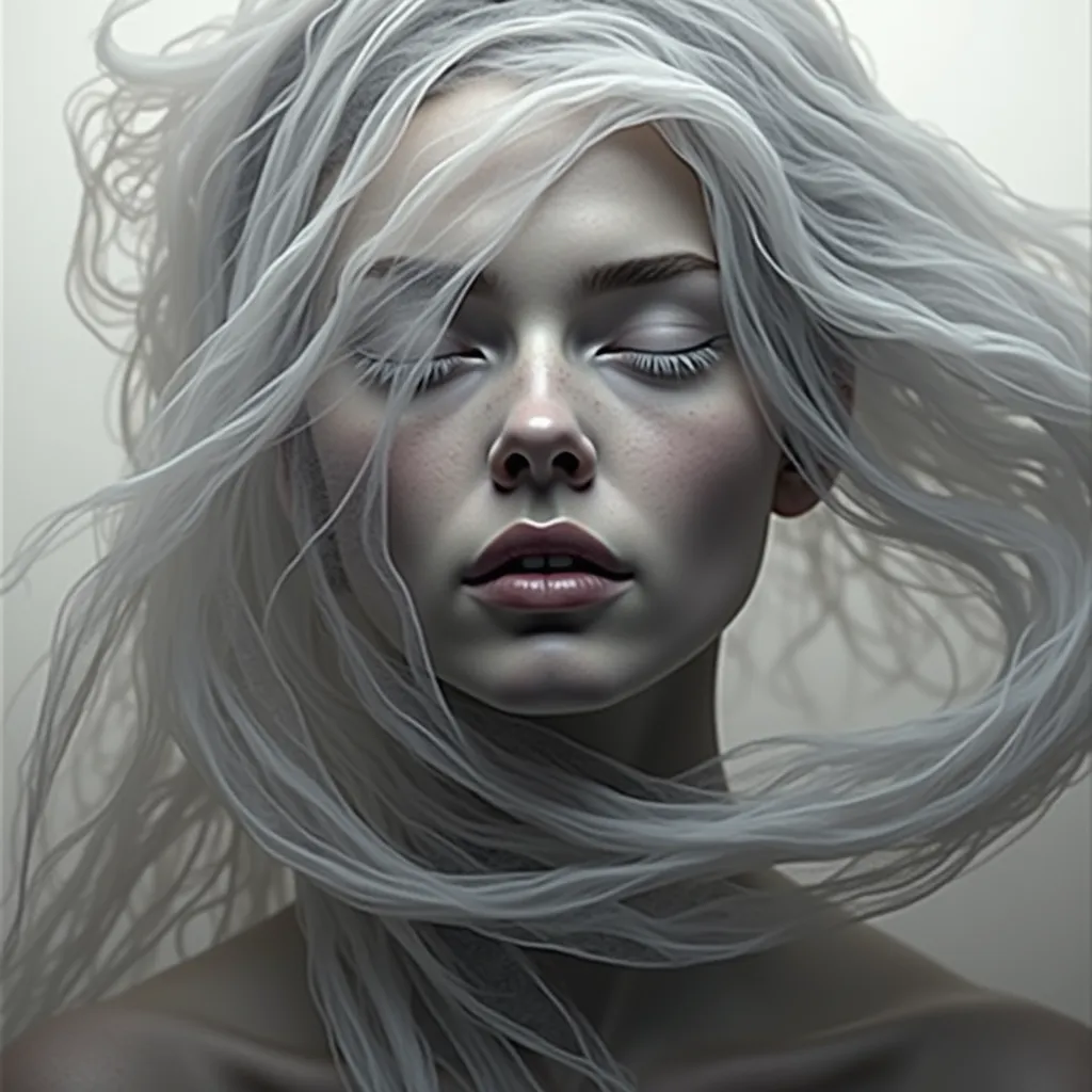 It is a photorealistic and highly detailed work of digital art that represents the face of a beautiful woman  ,completely wrapped in a thin white fabric with many wrinkles. The fabric, due to wind pressure it sticks to her face. The parts of the face are c...