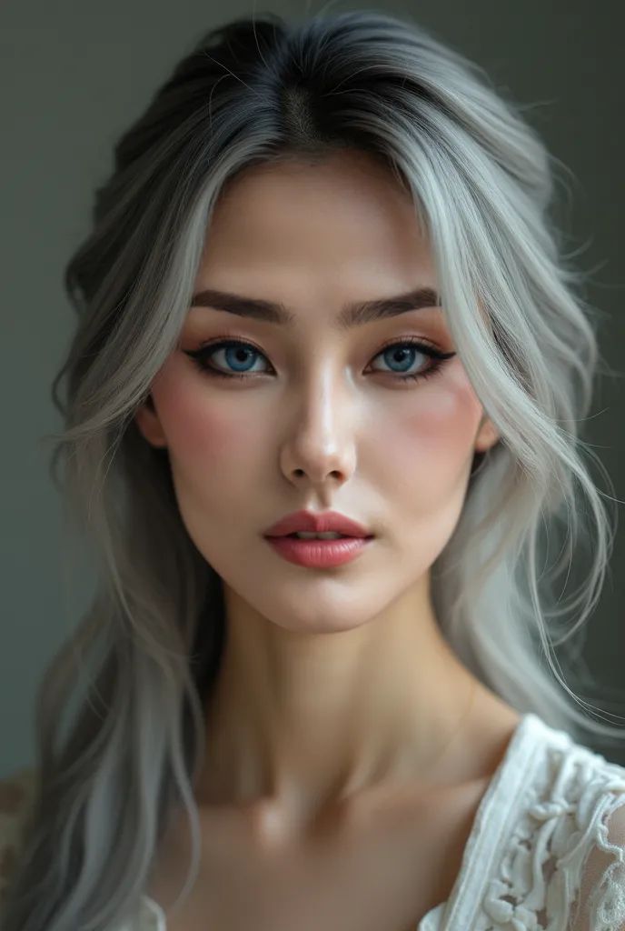 (masterpiece, best quality, ultra-detailed, photorealistic:1.5), (hyper-realistic, realistic:1.5), (stunning woman, Asian facial features, clear but delicate facial structure:1.4), (green eyes, deep and expressive:1. 4), (smooth silver-grey hair, silky tex...