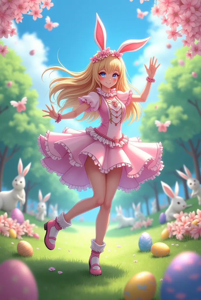 I would like to animate a magical girl with an Easter theme. In a park with a festive atmosphere with rabbits and Easter eggs. I want it to be colorful and for the characters to be in dynamic poses 