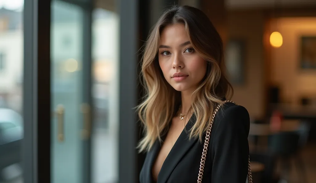 Portrait of a fashionable young woman styled in a sophisticated outfit holding a stylish handbag. The image evokes elegance, sophistication, and modern fashion trends perfect for branding or personal use