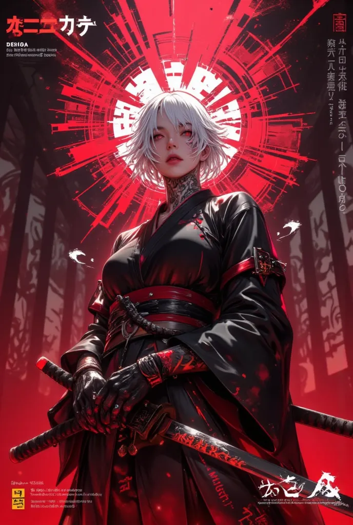 Samurai woman with white hair,The background is full of charisma,Seriously hard looking black kimono posing with messy hair, arms in hand and throat tattooed