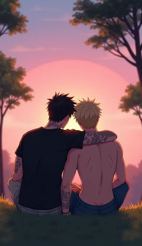  "Anime style image of two men sitting and watching the sunset. Both have slightly muscular bodies. One man has short black hair, tattoos on his arms, and is wearing a black t-shirt. The other man is shirtless with slightly blonde hair. The man with black ...