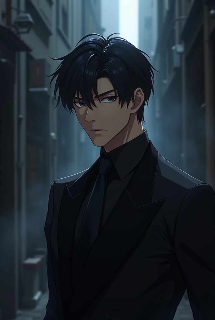 An  anime adult male character with a cool  background dark colors