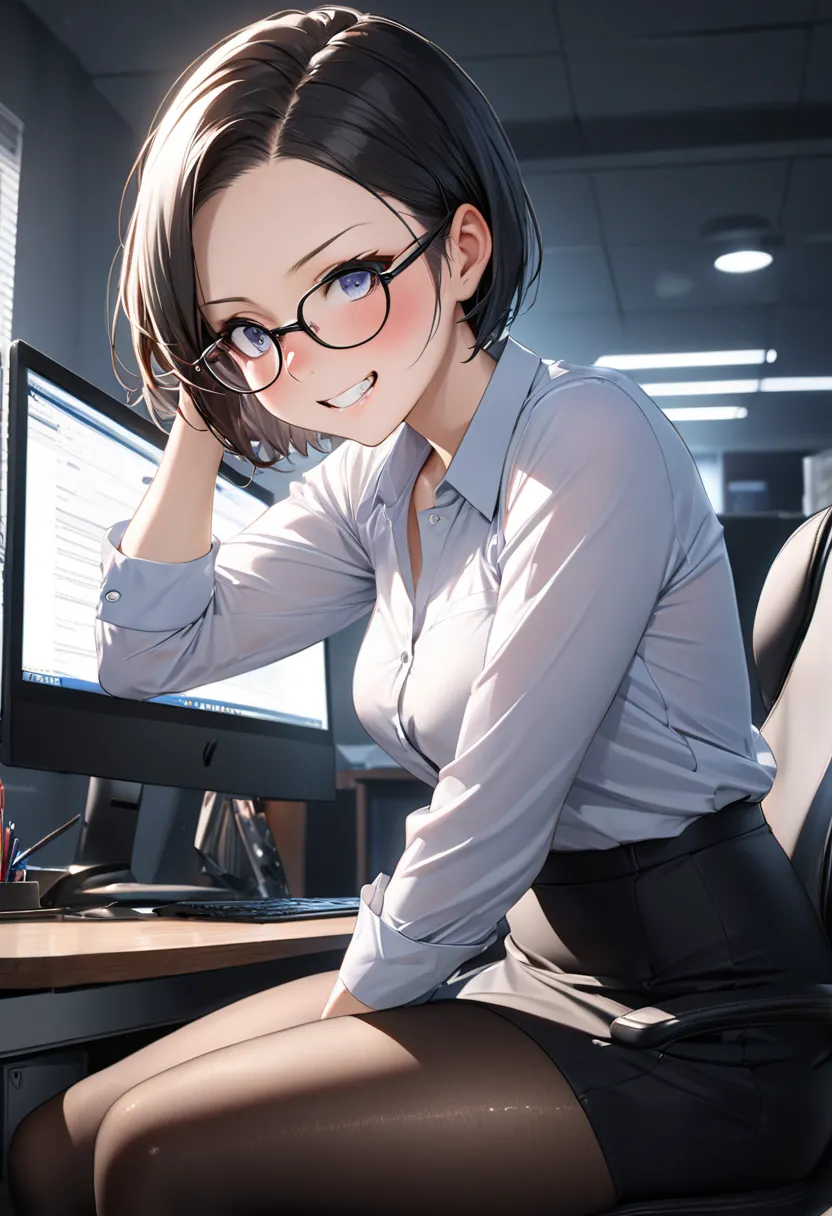 RAWphoto,photorealistic,8k16k,best quality,perfect anatomy,perfect detailed,ultra highres, extremely detailed eyes and face,gleaming skin,shiny skin,1girl,young,Japanese,black short hair,pixie cut, (wearing glasses:1.3),(parted bangs,forehead:1.2),round fa...