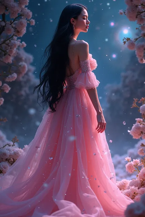 /imagine iridescent liquid art A mesmerizing fusion of nebulas and stars swirling inside a woman priestess with long black and smooth hair dressed in a long medieval dress of pink organza detailed in threads with endless diamonds, capturing the limitless b...