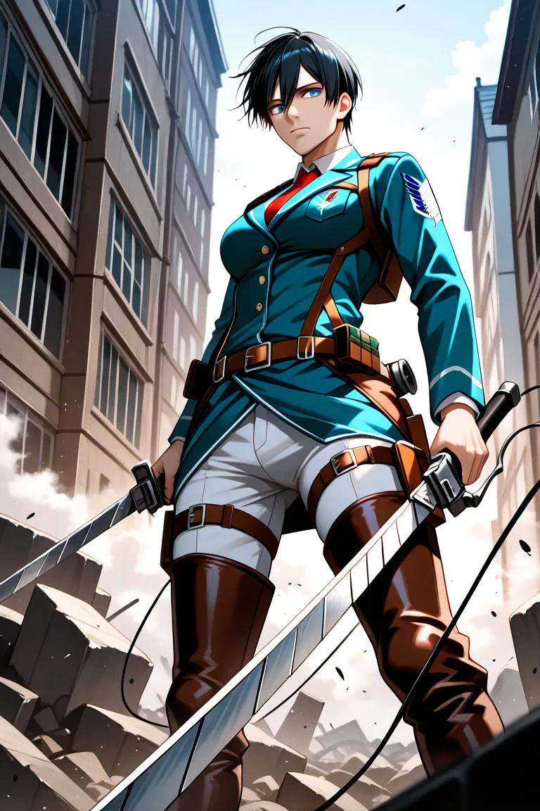 "masterpiece, best quality, 2.5D, Realistic, arm,  holding sword, 1 boy, , Attack on Titan, A male user, brownhair, blue eyes, short_disheveled black hair, style features he is wearing a uniform of the Reconnaissance Division troop." Same male Attack on Ti...