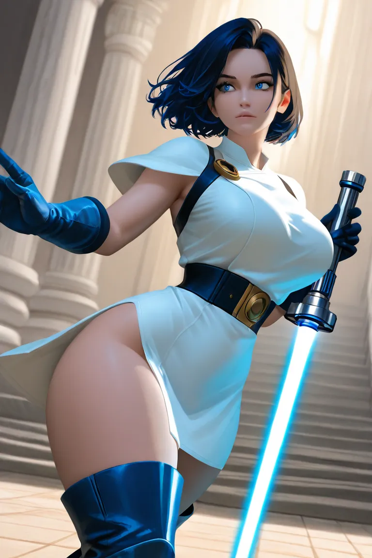 A strikingly beautiful warrior woman with sharp blue eyes and loose dark hair stands in the heart of Coruscant, the galactic capital. Her curvaceous figure—featuring wide hips, a round butt, thick thighs, and large breasts—is accentuated by her combat-read...