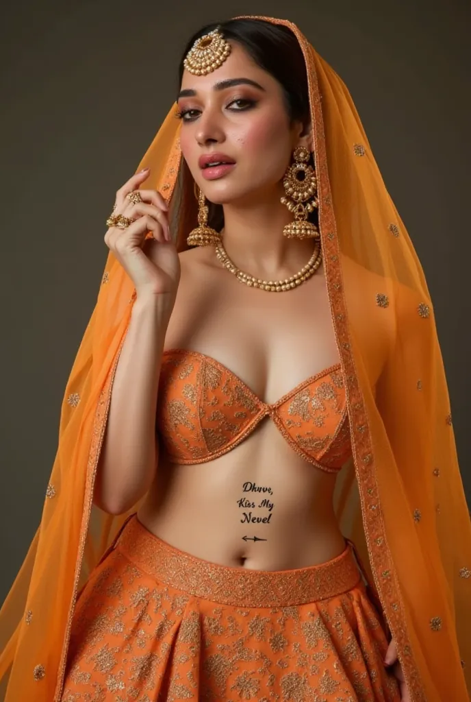 (masterpiece, best quality:1.2), She is draped in a low waist light orange colour lehenga with delicate gold embroidery, giving her an ethereal, moonlit glow. fully exposing her deep navel and slim waistline. A thin pearl waist chain (kamarbandh) rests aga...