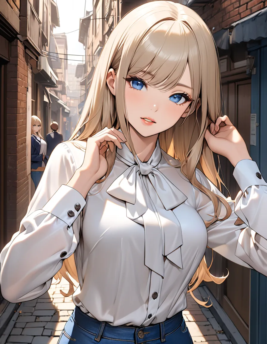 bow blouse, animetoreal, A photorealistic portrait, full-body shot, Anatomically correct, beautiful Japanese women standing at a slight angle facing the camera, blonde semi long hair, High-resolution, detailed, sharp focus, crisp lines, defined edges, clea...