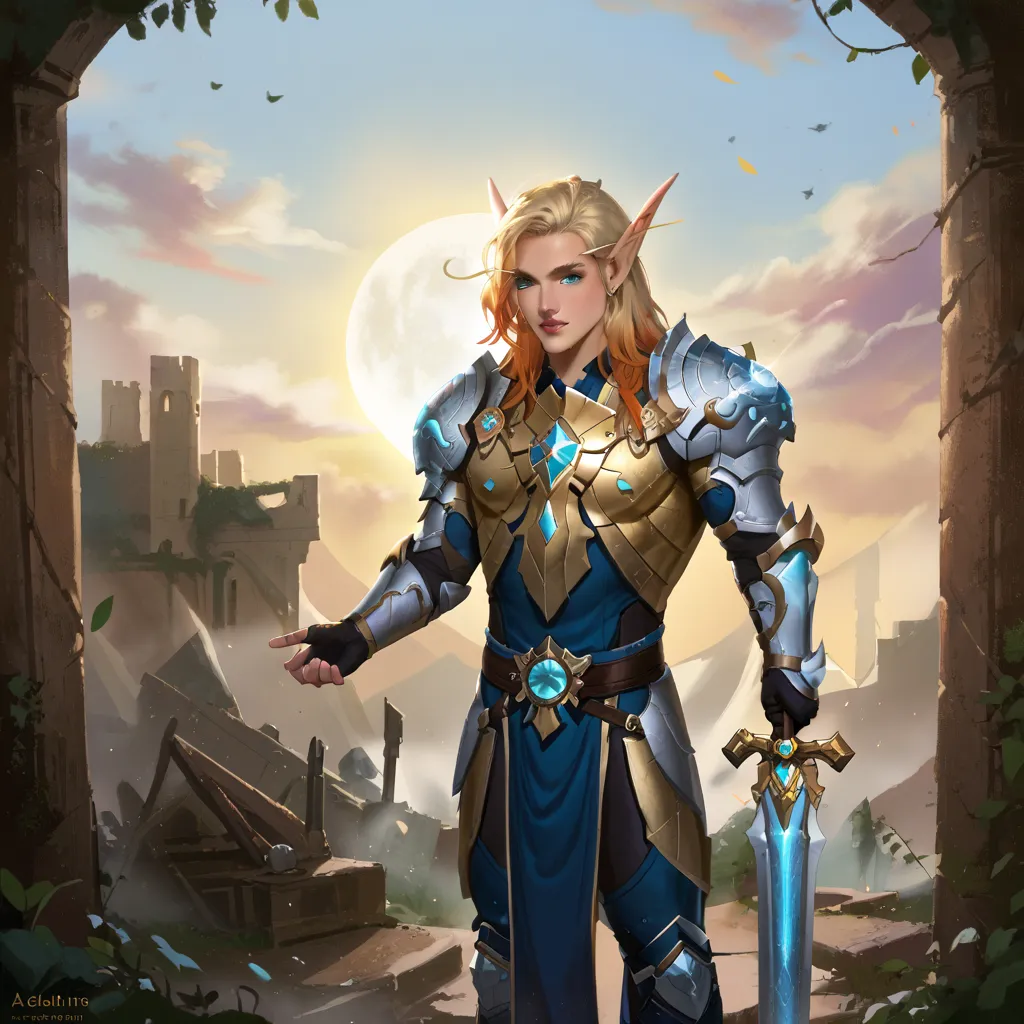 Epic fantasy artwork, digital painting, ultra-detailed. Aelthara Sunforge, a high elf paladin, standing heroically in a sunlit battlefield. Platinum-blonde hair with faint golden highlights, icy blue eyes glowing with divine light. Wearing ornate silver an...