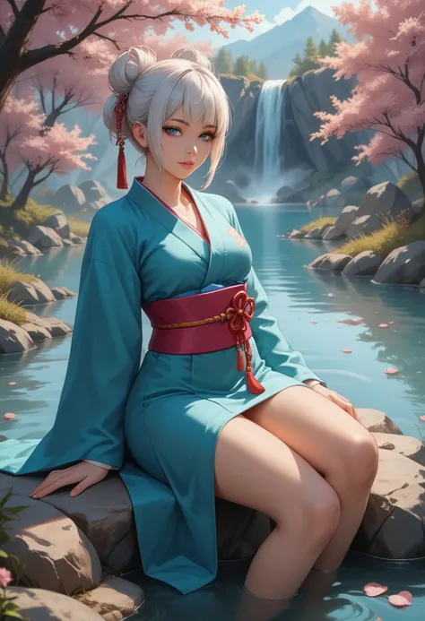 Kitsuni, kyubi, nine tails, Beautiful young woman, white hair, Very light blue eyes,  beautiful and perfect body , wearing oriental cyan kimono short, keen gaze, hot personality, sitting under a rock in front of a lake, with sakura trees and pink petals fa...