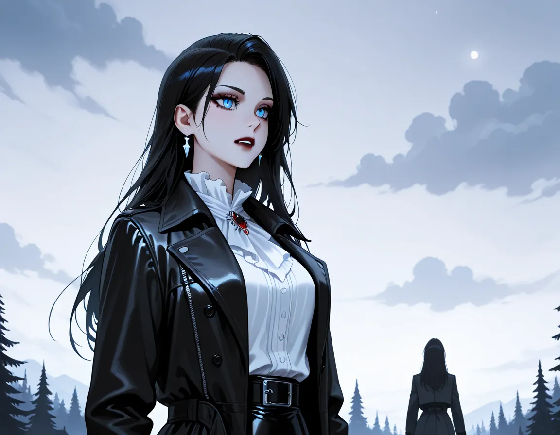 score_9, score_8_up, score_7_up,goth black and white anime art, (black and white art: 1.5) mostly black and white, a picture of a beautiful female vampire, best detailed face, black hair, long hair hair, blue eyes, wearing trench coat, wearing a skirt, wea...