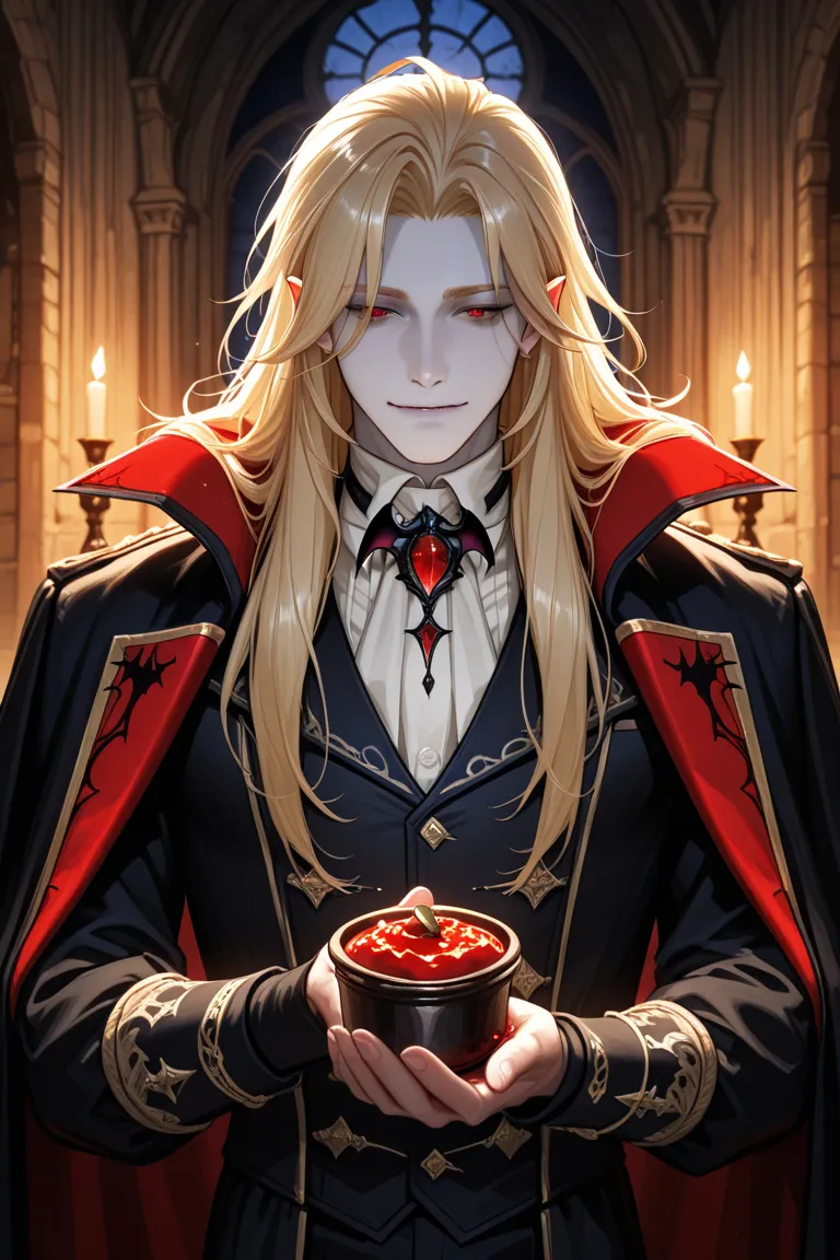 Male vampire with pale looking old and long blond hair alone, With clothes past centuries with a vibe someone wise, a beautiful old castle with night over the sky with webs around the moon blood, com high details, With leftovers, high details 