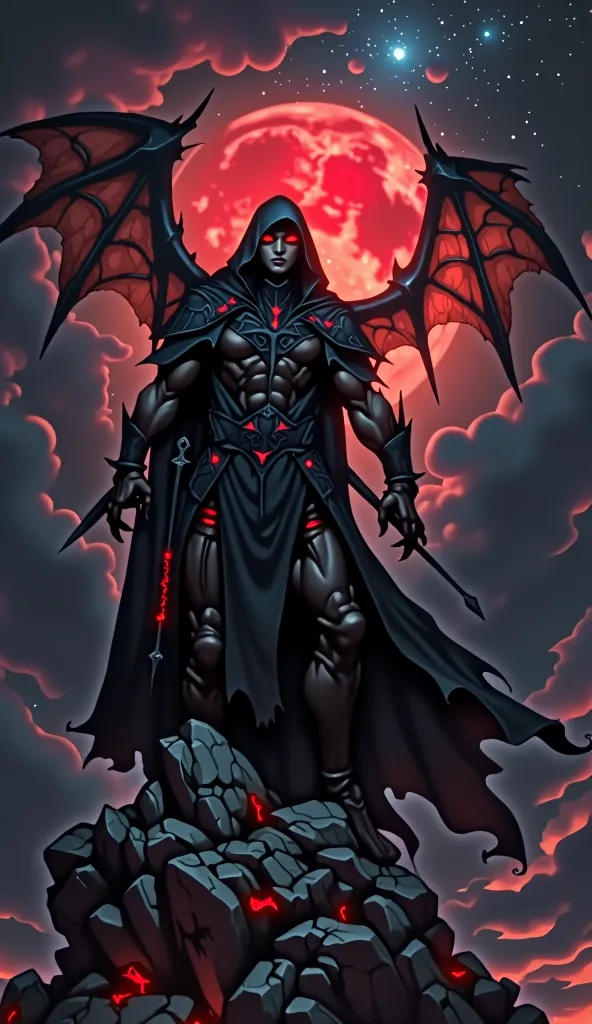 gargoyle with a black cape and hood, bony and sharp wings, large and muscular and in the background a galaxy with a beautiful red moon as if transforming