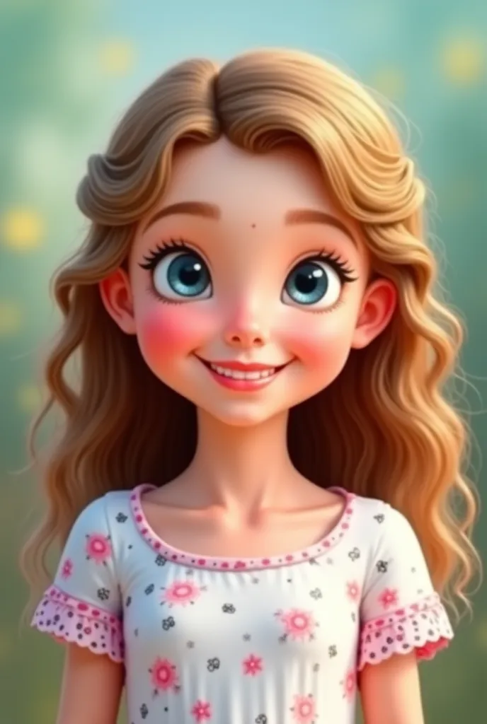  , Half-brown blonde, white,  Half-gray blue eyes. my daughter. slightly curly hair,  Cheerful face. chubby cheek, Brazilian. Slightly large lips, long wavy hair on top and curly hair from ear down, long hair. Lightly eared. slightly larger nose. Aline Dis...