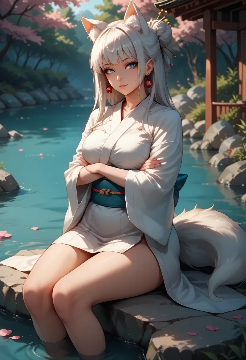  Kitsune, White fox tail, Beautiful young woman, white hair, Very light blue eyes,  beautiful and perfect body ,  hair covering the ears , wearing oriental cyan kimono short, keen gaze, hot personality, sitting under a rock in front of a lake, with sakura ...