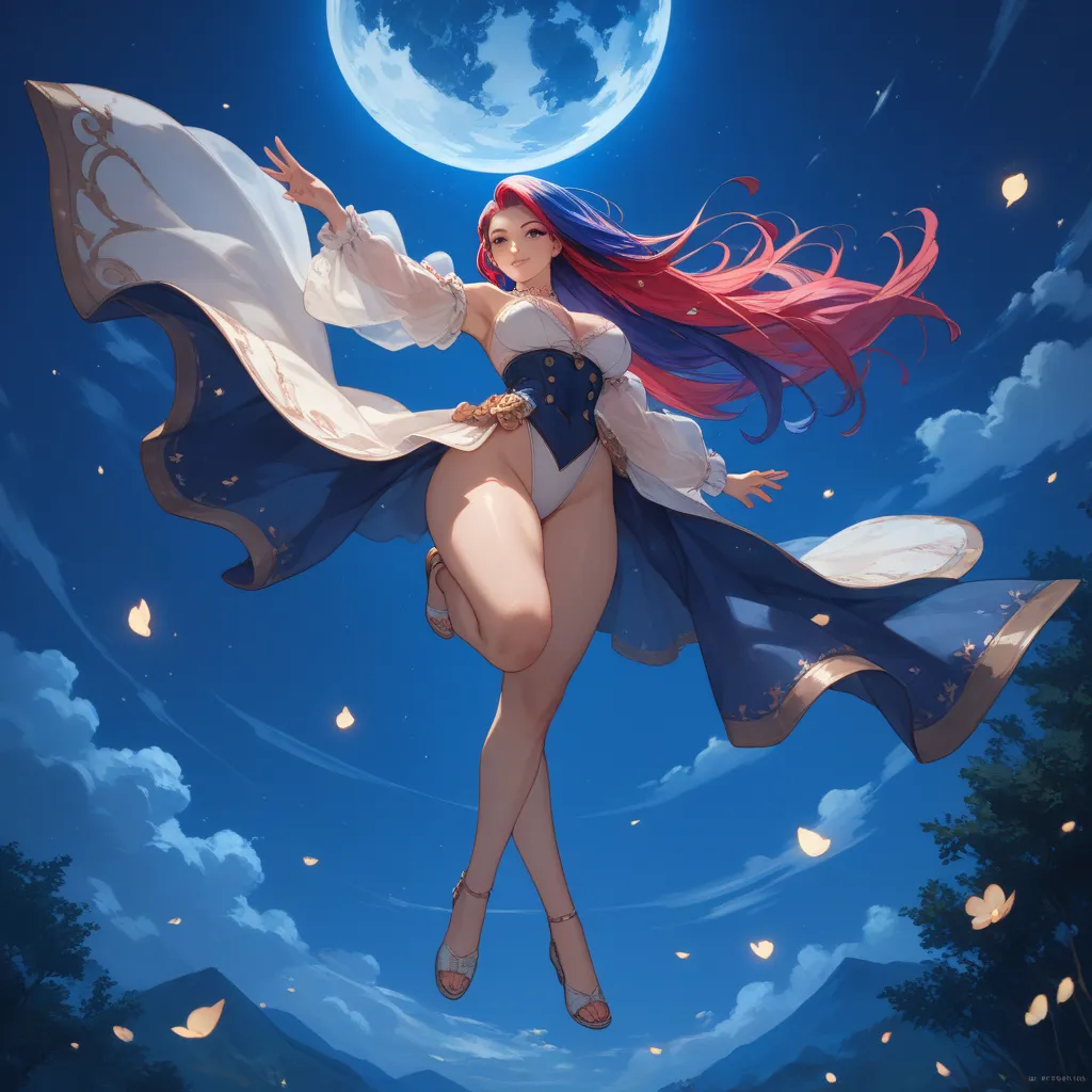  anime woman night,(((random color hair))), long hair, full body, in perspective(((body with beautiful curves, in the air))) 