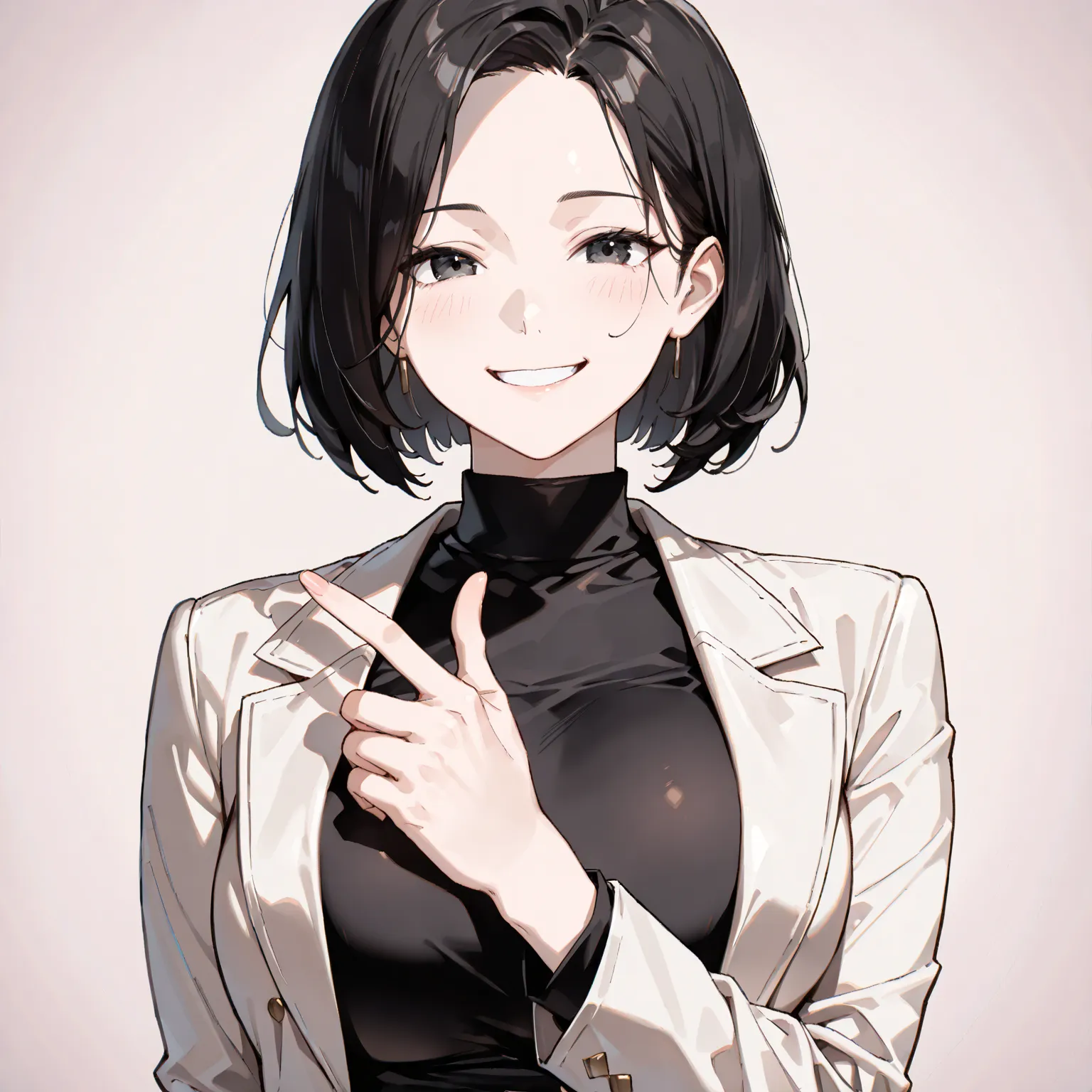 ((high image quality))、((high quality))、super precise、simple background、upper body、(((1 girl)))、(20 year old women)、short hair, bob hair,  black hair,  black eyes、slant eyes, white jacket, black shirt, Big Breasts, white skin, fair skin, A woman with a goo...