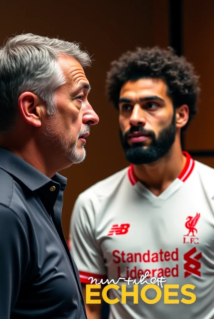 "A hyper-realistic digital image of a sports analyst and Mohamed Salah in a studio setting. The analyst, a middle-aged man with short gray hair and a neatly trimmed beard, wears a dark-colored shirt and speaks with a serious, thoughtful expression. Beside ...