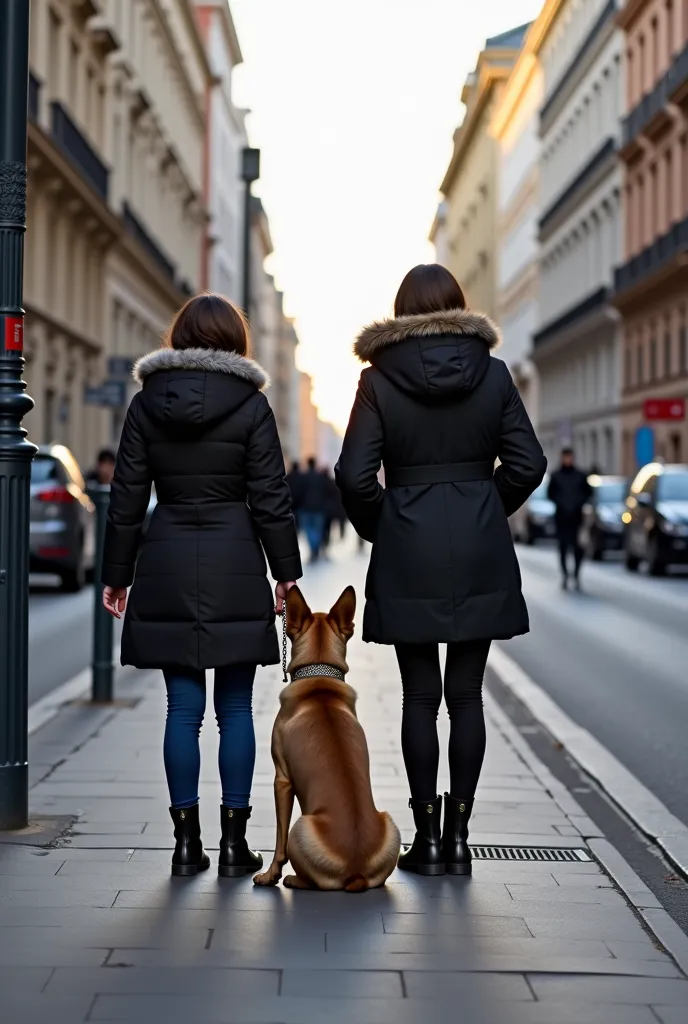 there are two women standing on the sidewalk with a dog, a picture by Emma Andijewska, dribble contest winner, realism, with dogs, with stray dogs, on a street, in city street, in moscow centre, in the street, very very low quality picture, very accurate p...