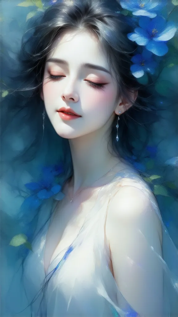 beautiful aura　amazing beauty　mysterious　A very beautiful rich blue
Like a celestial maiden　Spirit　pretty flowers
Beautiful loose hair that goes up to the waist　Full body　A woman who looks in front of her memories is beautiful　I'm closing my eyes lovingly　...