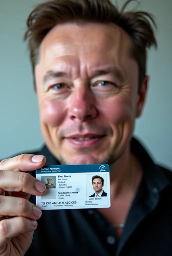 Elon musk holding his iD card 
